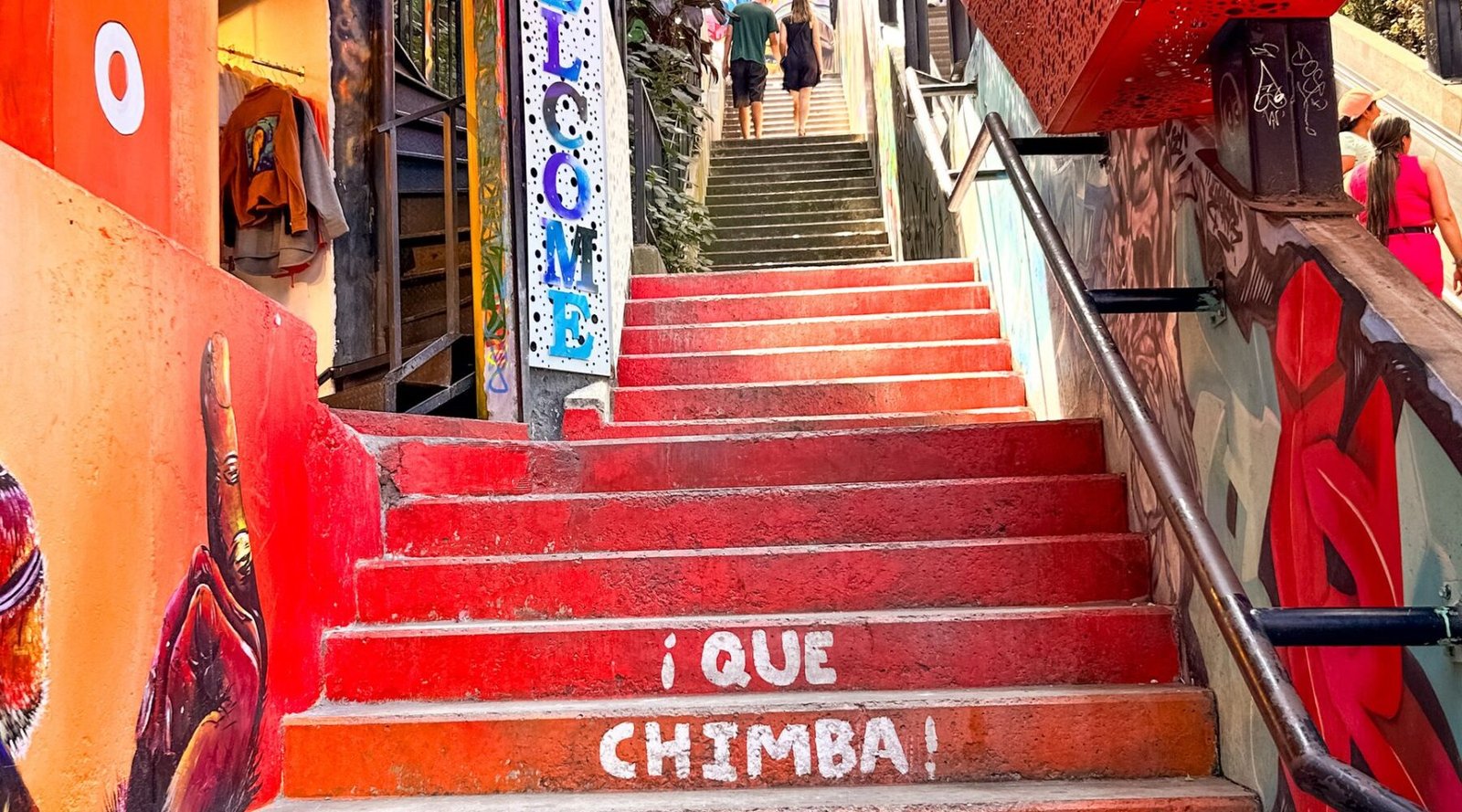 Painted outdoor staircase covered in street art in Comuna 13, Medellín