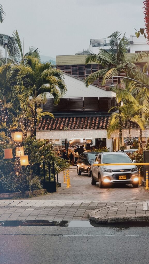 Restaurant terraces under palm trees on a street in El Poblado, Medellín
