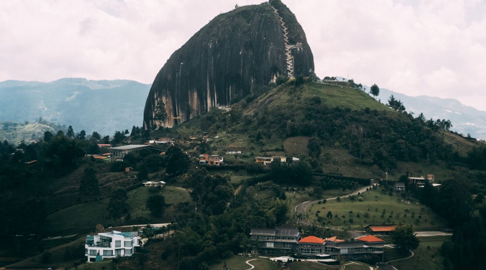 Aerial view of the El Peñol rock and the Guatapé reservoir