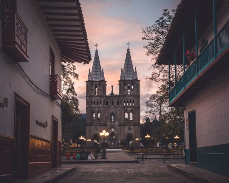 The Gothic-style basilica and main plaza of Jardín, Antioquia