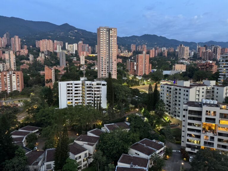Medellín skyline at sunrise with the surrounding mountains of the Aburrá Valley